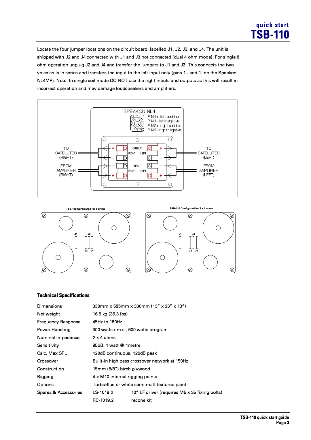 Turbosound Technical Specifications, TSB-110quick start guide Page 