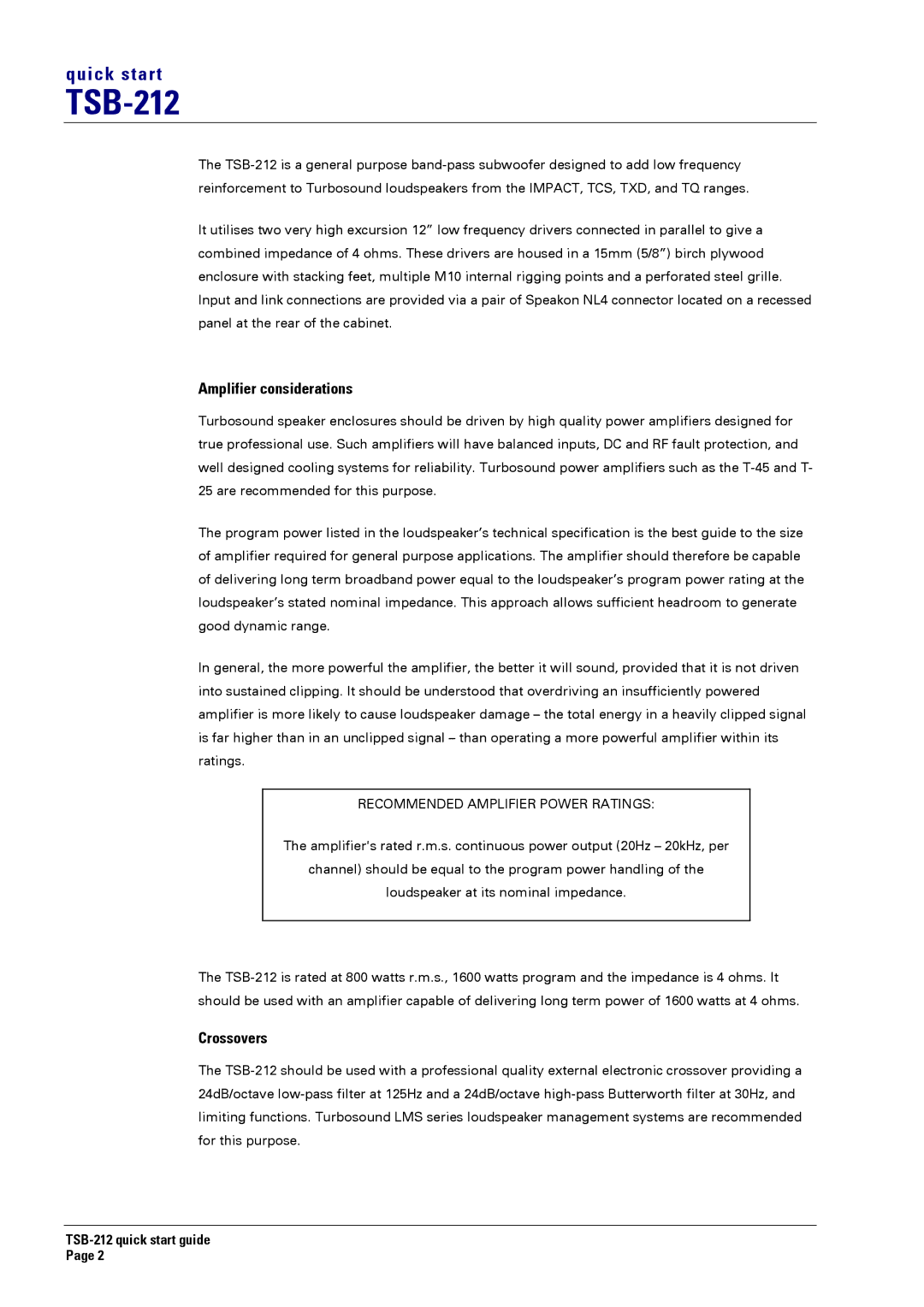 Turbosound TSB-212 quick start Amplifier considerations, Crossovers 