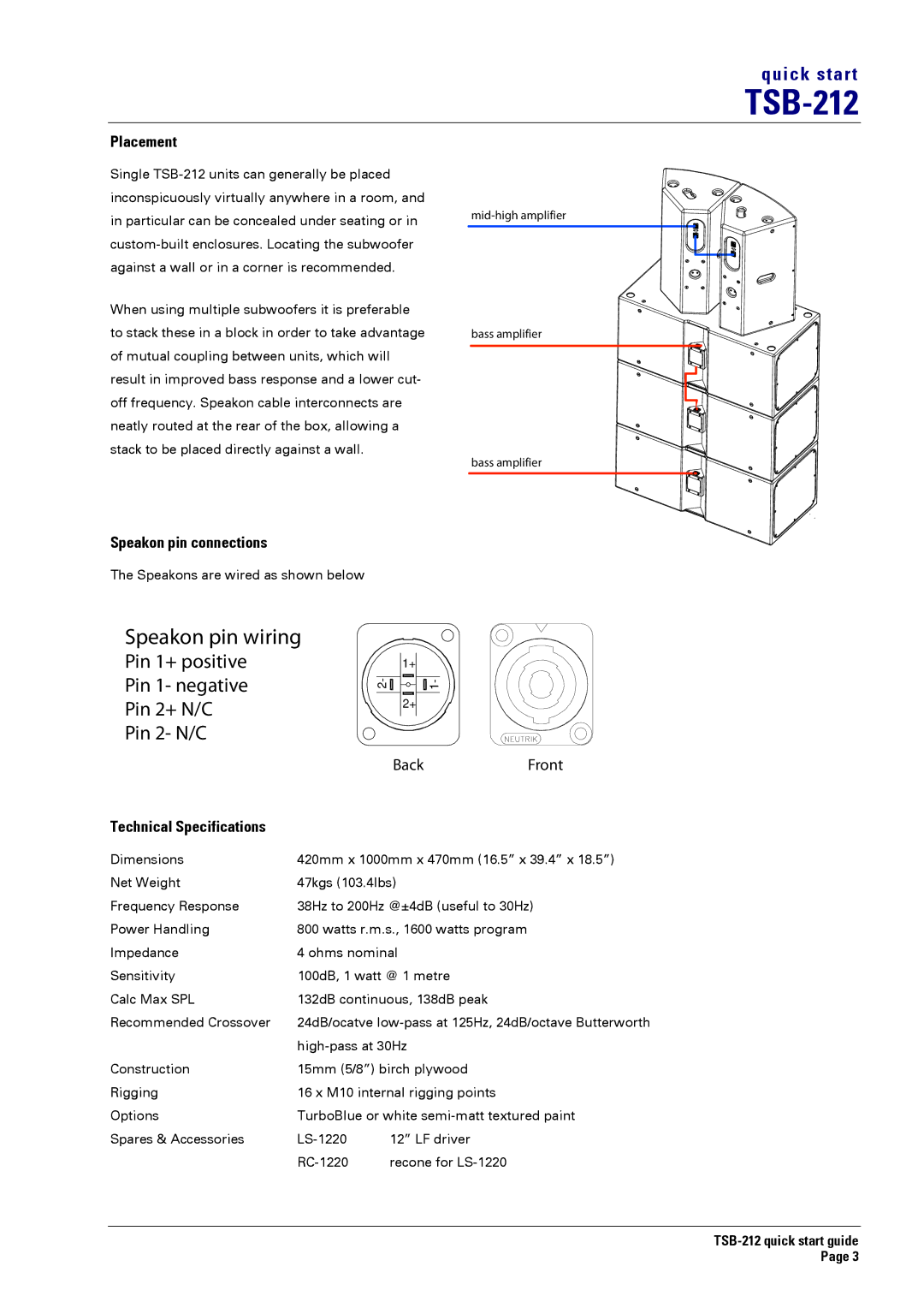 Turbosound TSB-212 quick start Placement, Speakon pin connections, Technical Specifications 