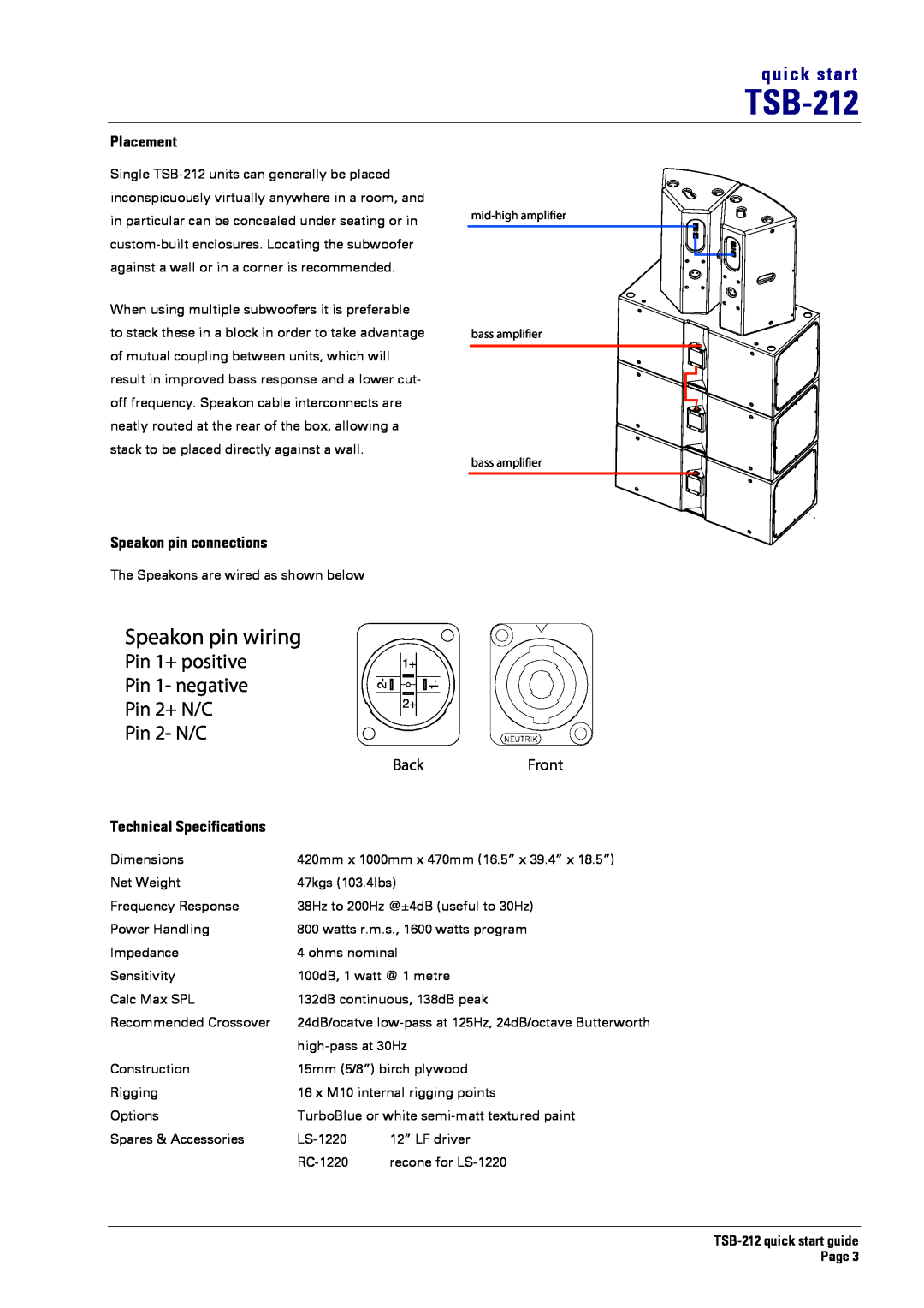 Turbosound TSB-212 Placement, Speakon pin connections, Technical Specifications, Speakon pin wiring, Pin 2- N/C, Back 