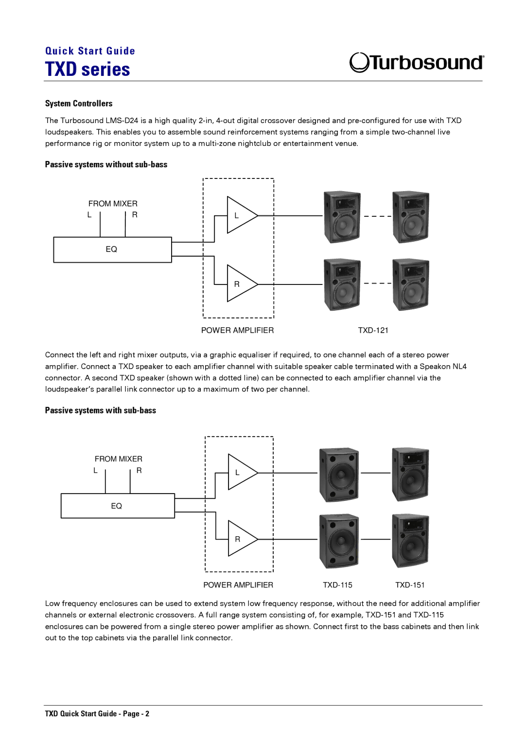 Turbosound TXD-151, TXD-218, TXD-252 System Controllers, Passive systems without sub-bass, Passive systems with sub-bass 