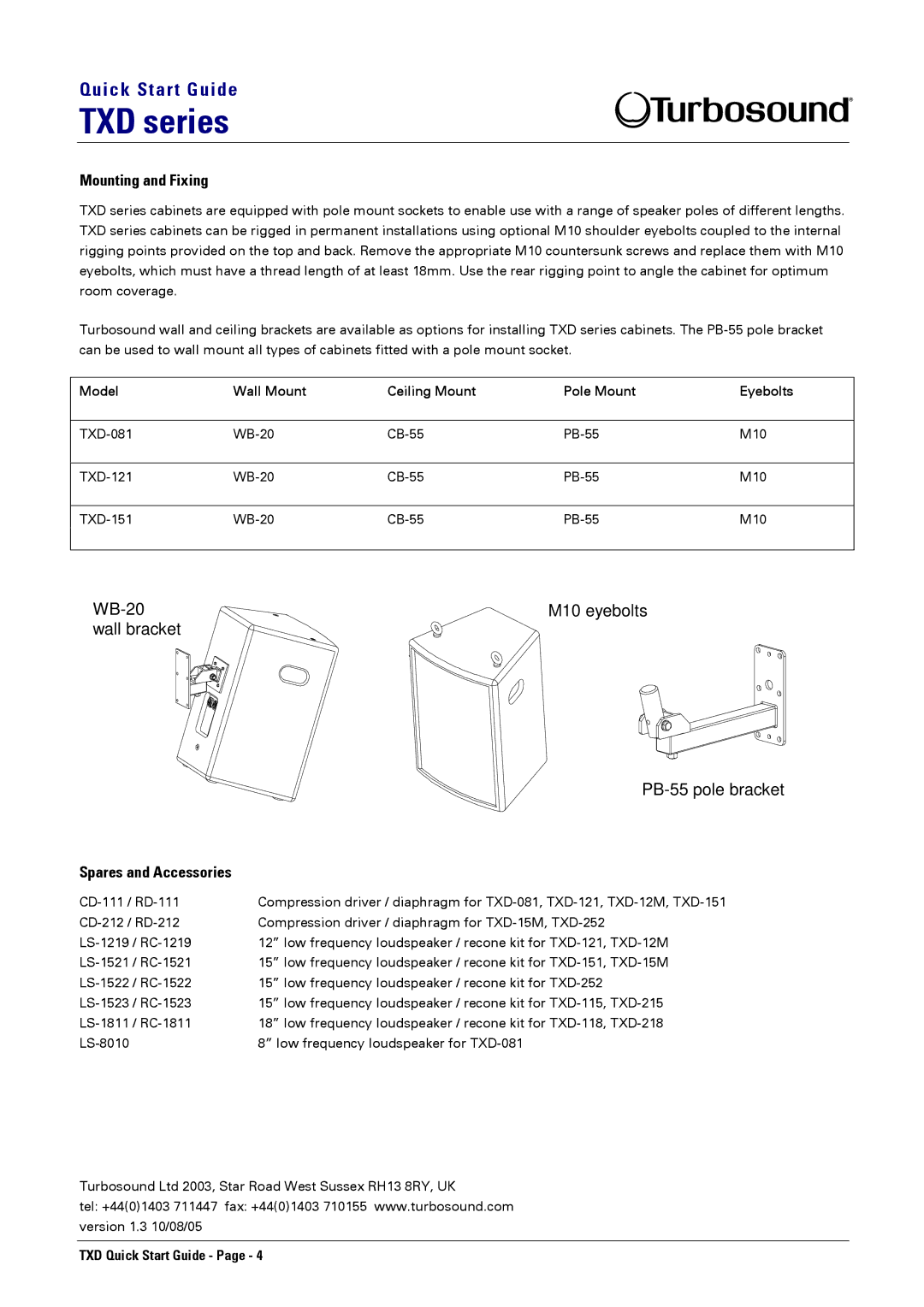 Turbosound TXD-215, TXD-218, TXD-252, TXD-151, TXD-15M, TXD-081, TXD-12M, TXD-115 Mounting and Fixing, Spares and Accessories 