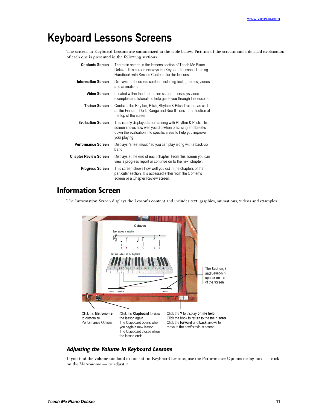 Turtle Beach Deluxe manual Keyboard Lessons Screens, Information Screen, Adjusting the Volume in Keyboard Lessons 