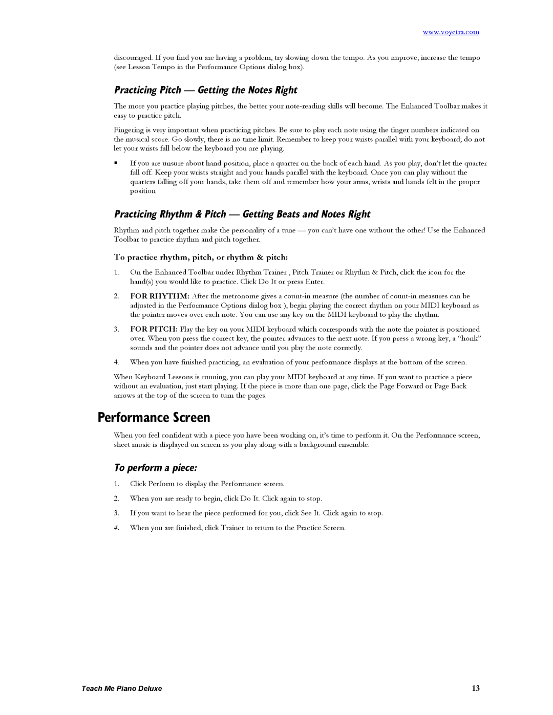 Turtle Beach Deluxe manual Performance Screen, Practicing Pitch Getting the Notes Right, To perform a piece 