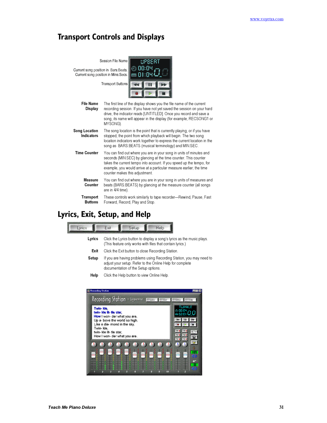 Turtle Beach Deluxe manual Transport Controls and Displays, Lyrics, Exit, Setup, and Help 