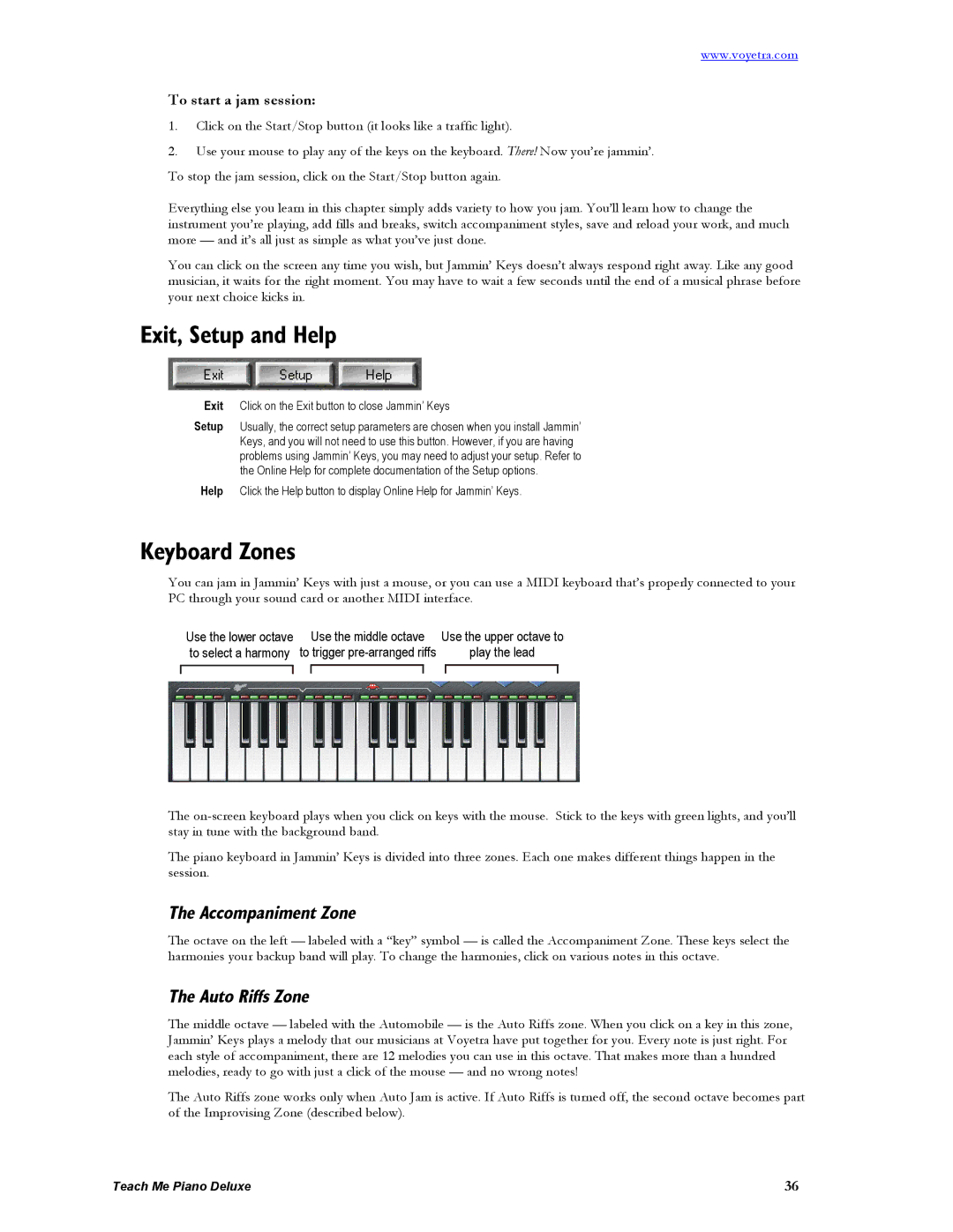 Turtle Beach Deluxe Exit, Setup and Help, Keyboard Zones, Accompaniment Zone, Auto Riffs Zone, To start a jam session 