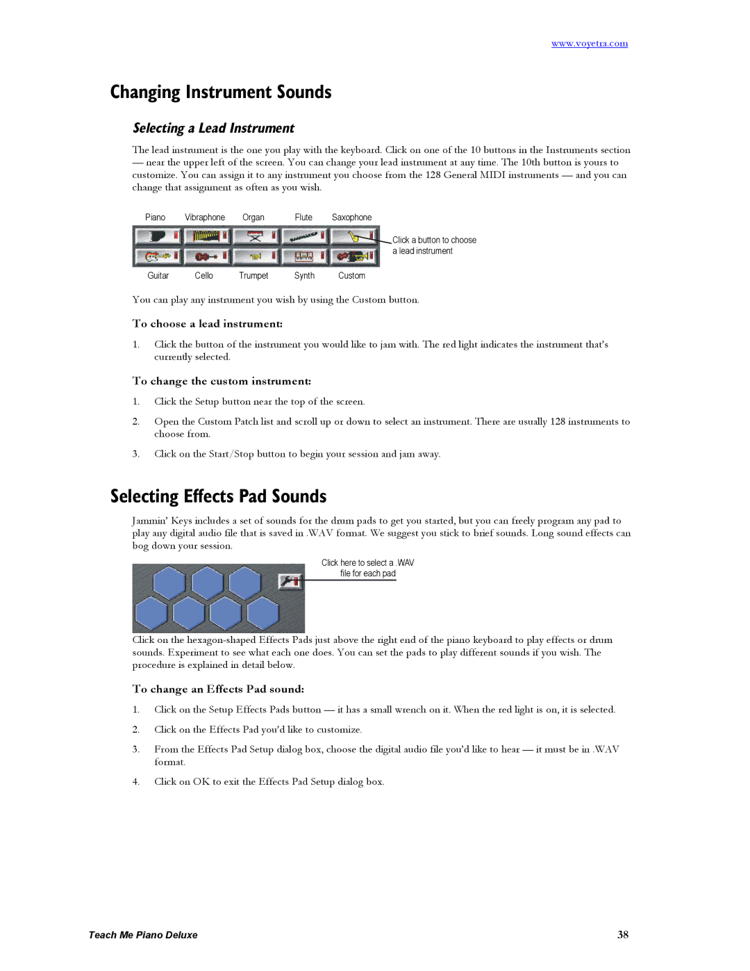 Turtle Beach Deluxe manual Changing Instrument Sounds, Selecting Effects Pad Sounds, Selecting a Lead Instrument 