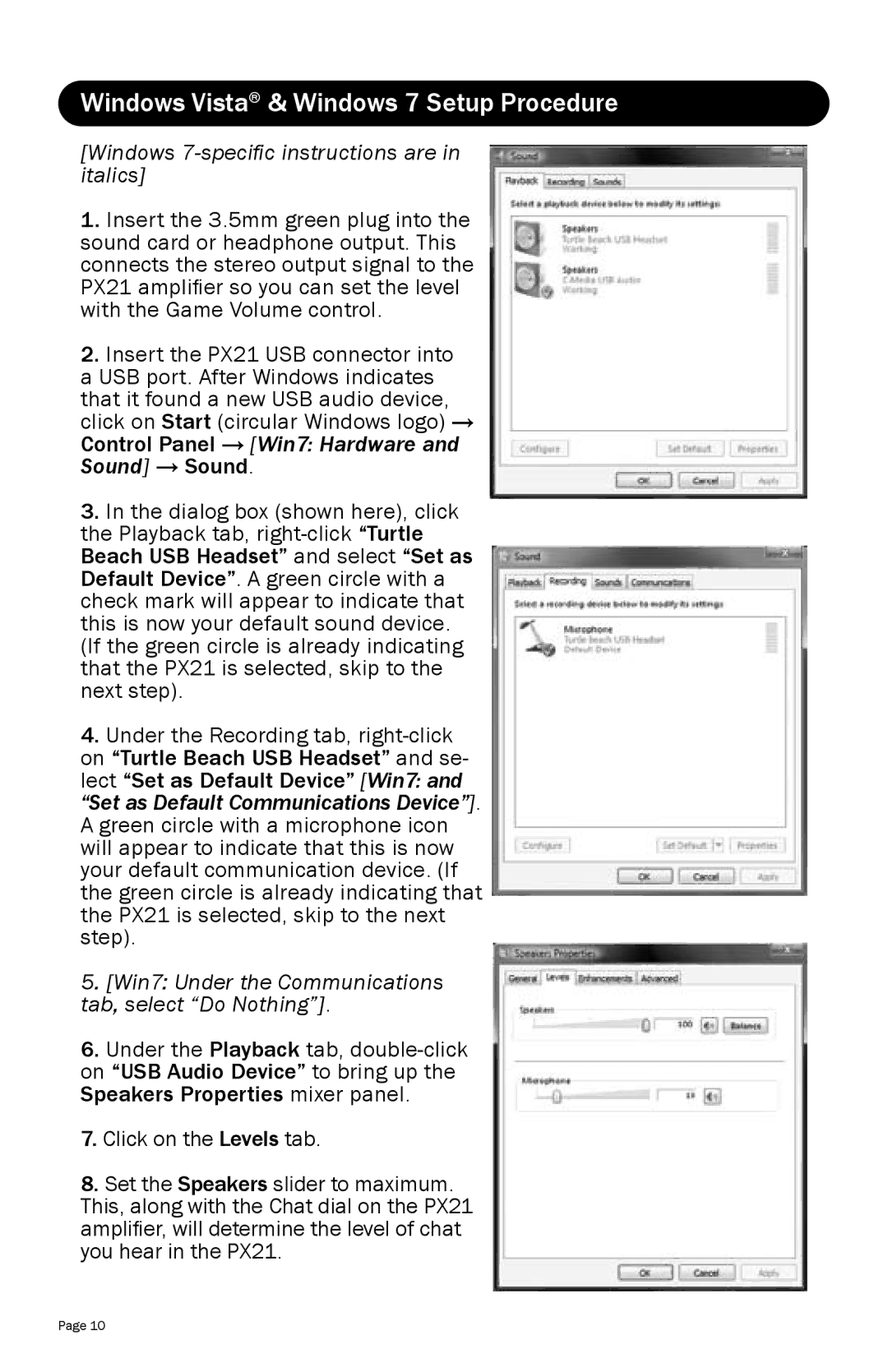 Turtle Beach PX21 warranty Windows Vista & Windows 7 Setup Procedure, Windows 7-specific instructions are in italics 