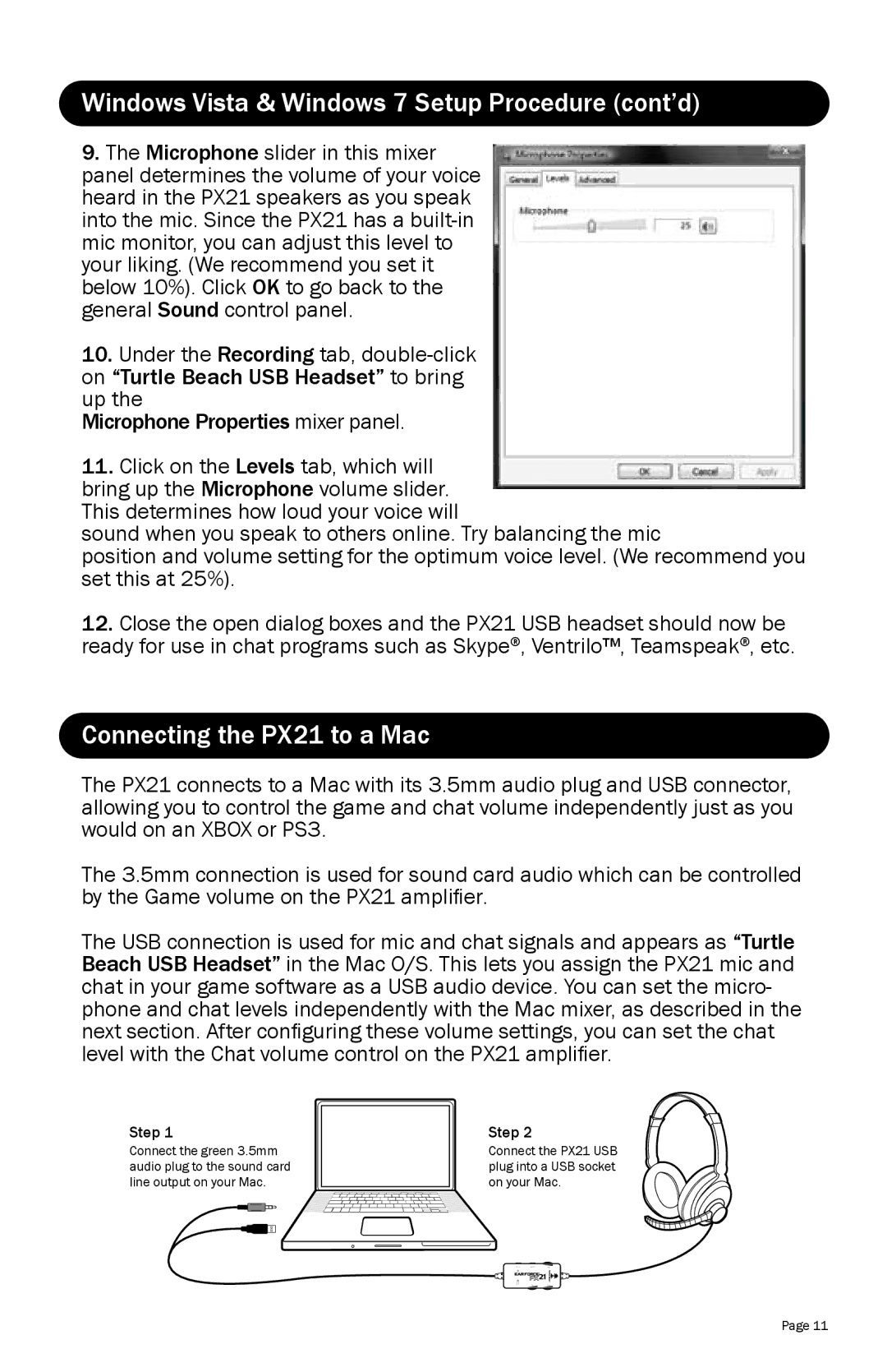 Turtle Beach warranty Windows Vista & Windows 7 Setup Procedure cont’d, Connecting the PX21 to a Mac 