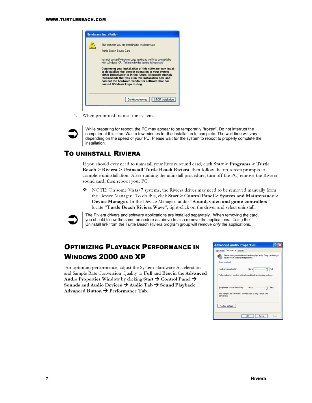 Turtle Beach TB400-3425-01 manual To Uninstall Riviera, Optimizing Playback Performance in Windows 2000 and XP 