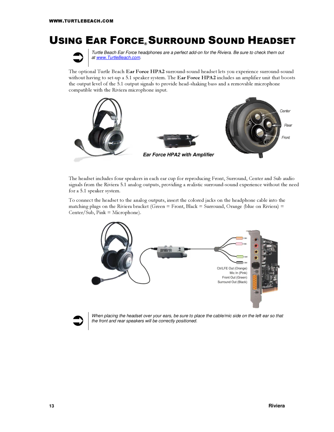 Turtle Beach TB400-3425-01 manual Using EAR Force Surround Sound Headset 