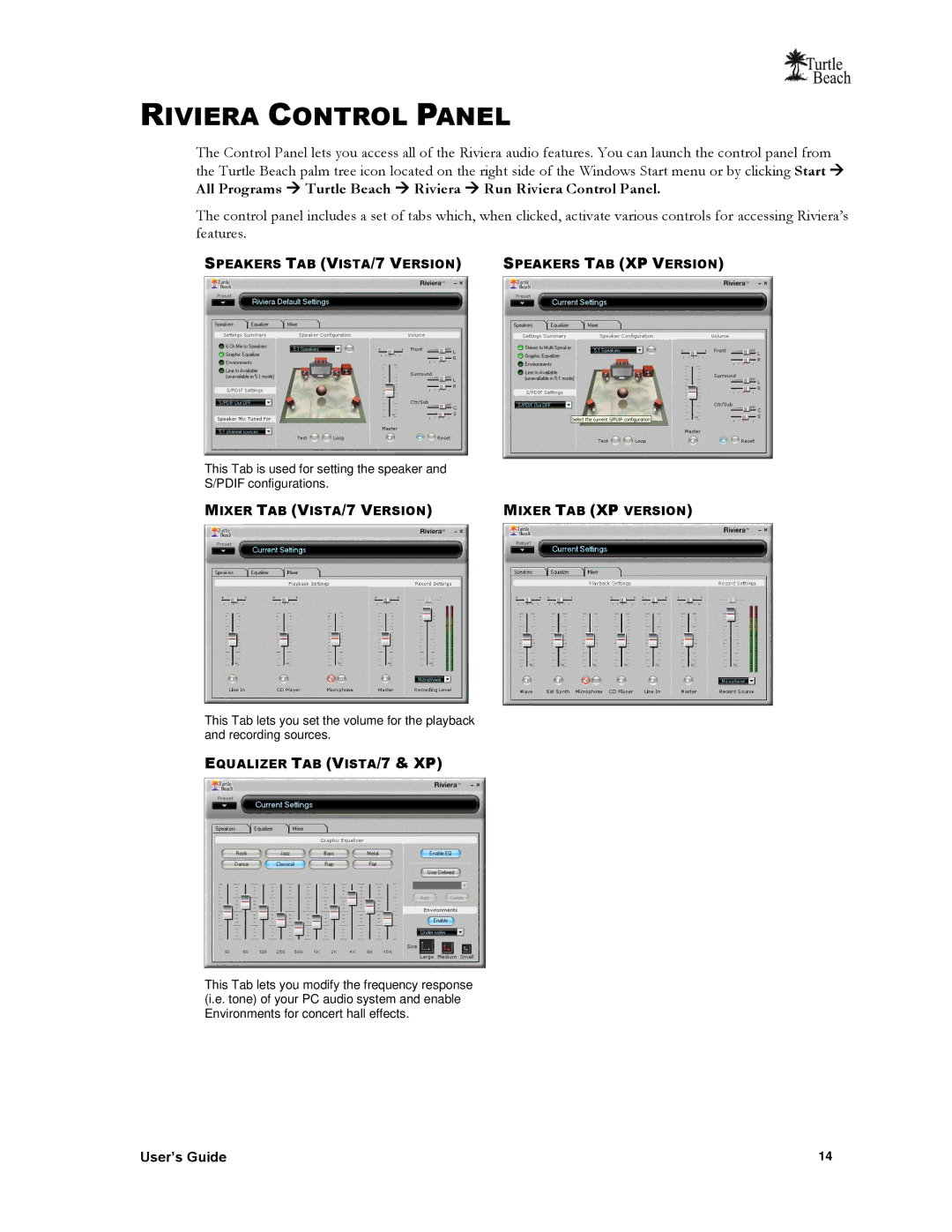 Turtle Beach TB400-3425-01 manual Riviera Control Panel, Mixer TAB Vista /7 Version 