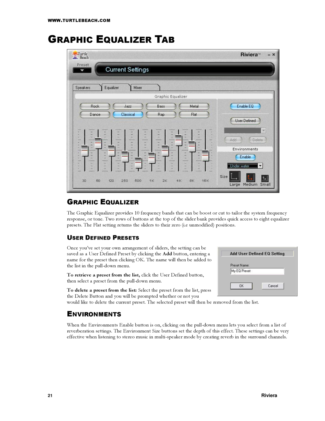 Turtle Beach TB400-3425-01 manual Graphic Equalizer TAB, Environments 