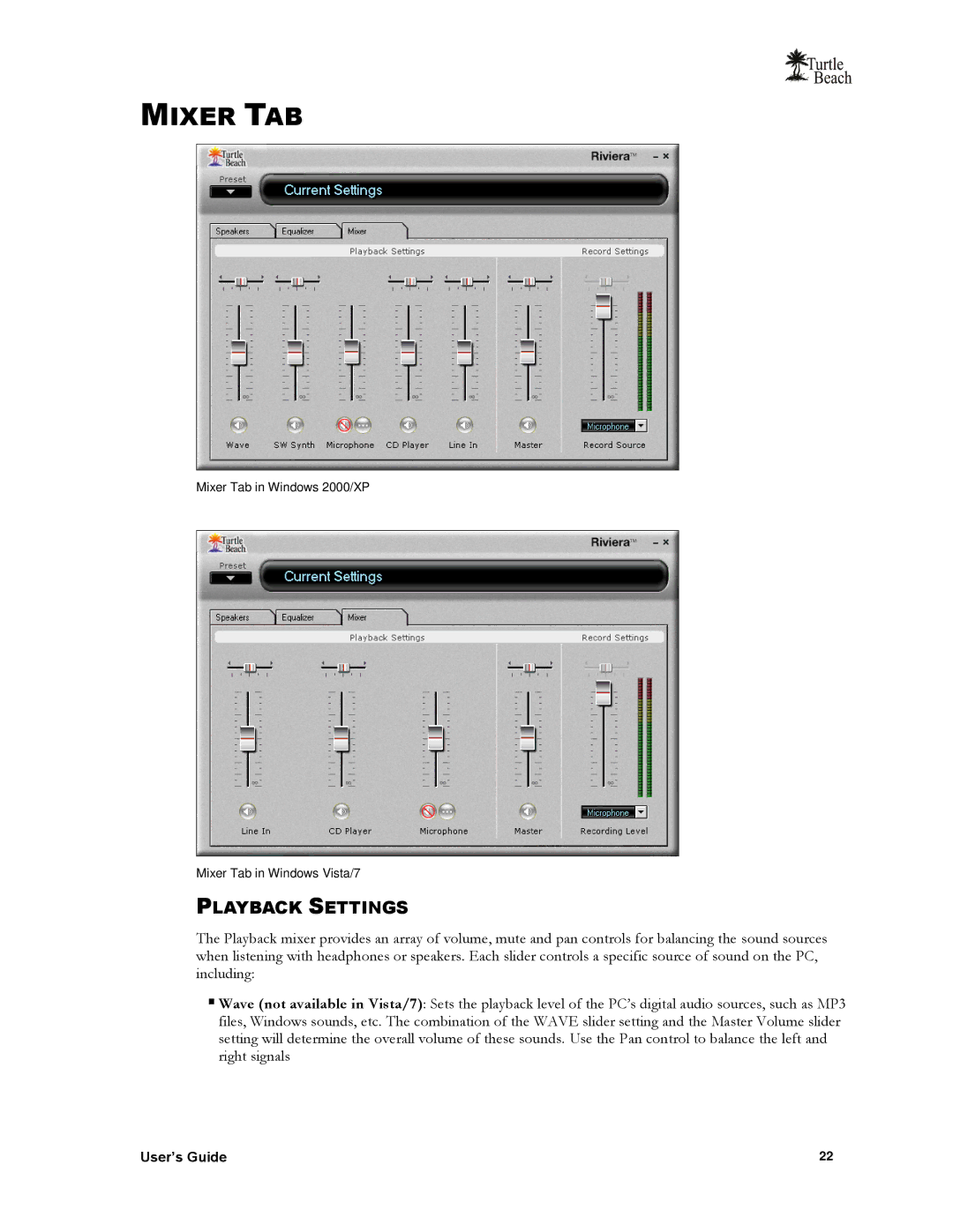 Turtle Beach TB400-3425-01 manual Mixer TAB, Playback Settings 