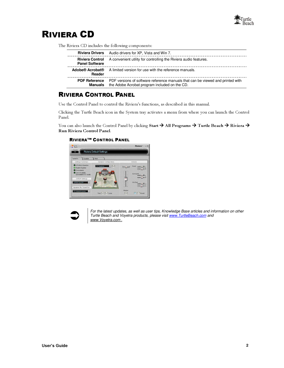 Turtle Beach TB400-3425-01 manual Riviera CD, Riviera Control Panel 
