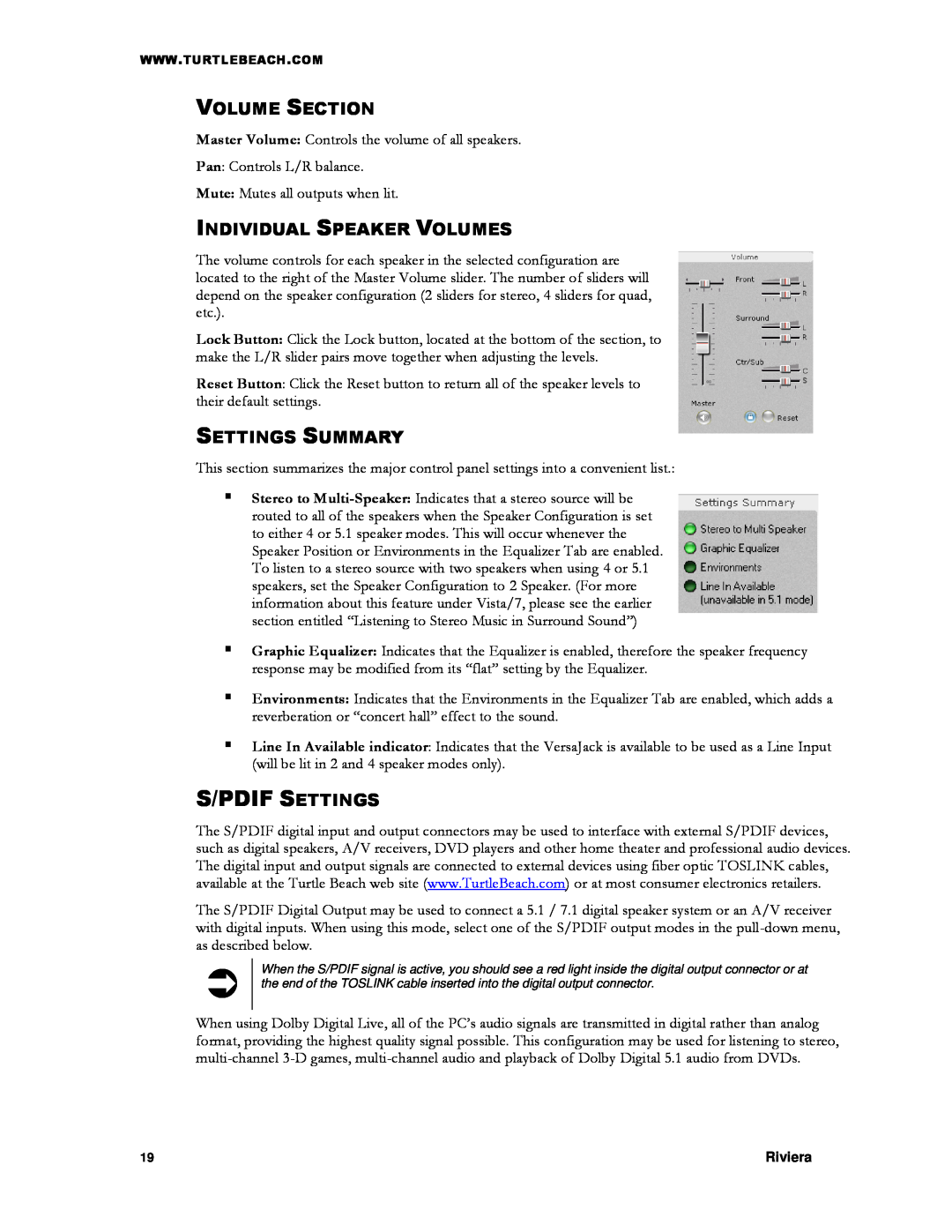 Turtle Beach TB400-3425-01 manual Volume Section, Individual Speaker Volumes, Settings Summary, S/Pdif Settings 