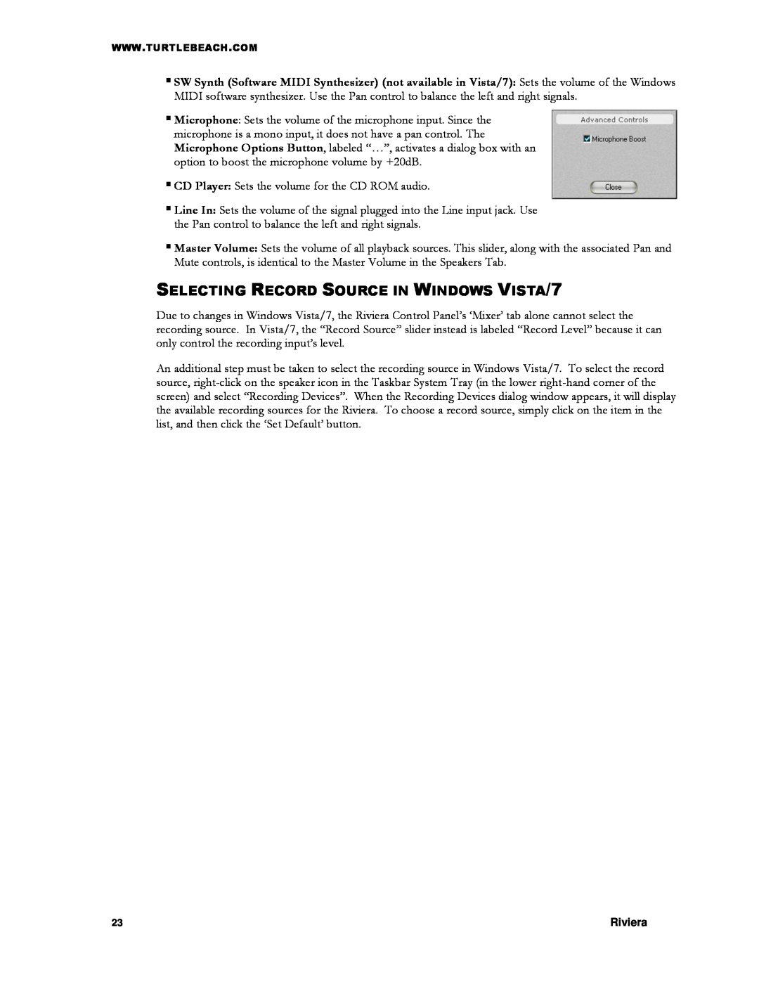Turtle Beach TB400-3425-01 manual SELECTING RECORD SOURCE IN WINDOWS VISTA/7 