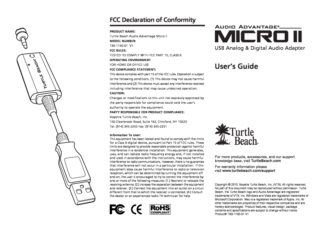 Turtle Beach TBS-1150-01 V1 warranty FCC Declaration of Conformity, User’s Guide, RoHS, USB Analog & Digital Audio Adapter 