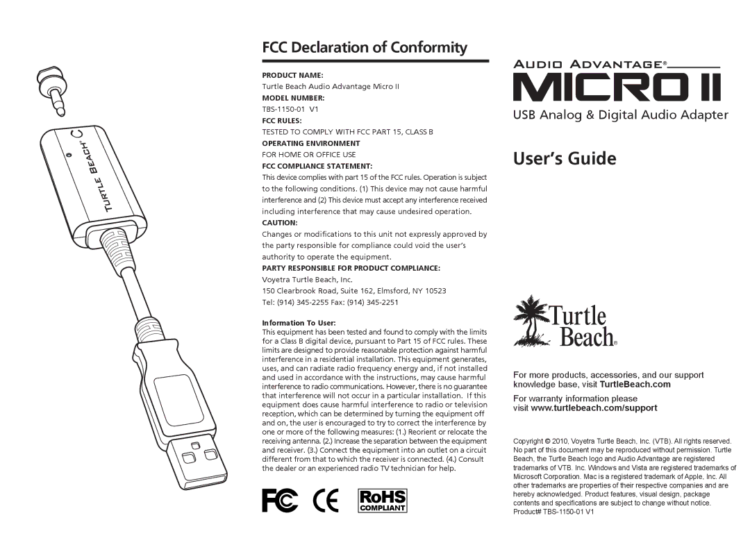 Turtle Beach TBS-1150-01 V1 warranty FCC Declaration of Conformity 