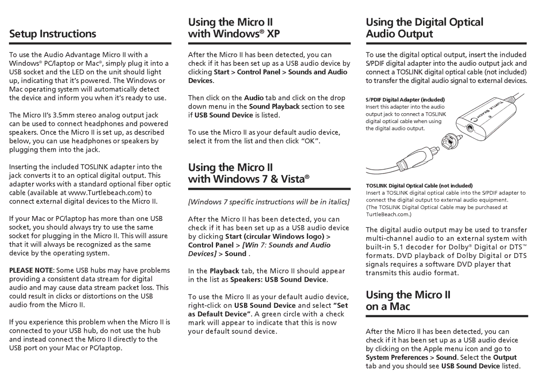 Turtle Beach TBS-1150-01 V1 Setup Instructions, Using the Micro II with Windows XP, Using the Digital Optical Audio Output 