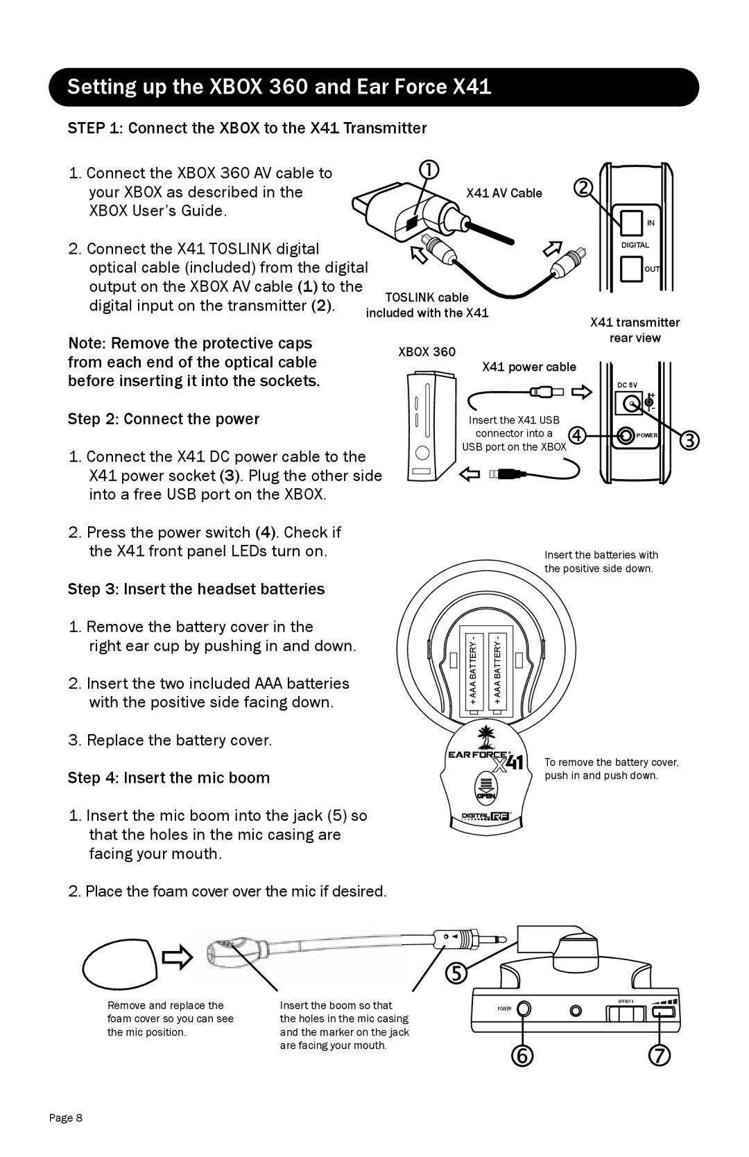 Turtle Beach TBS2170 warranty Setting up the Xbox 360 and Ear Force, X41 power cable 