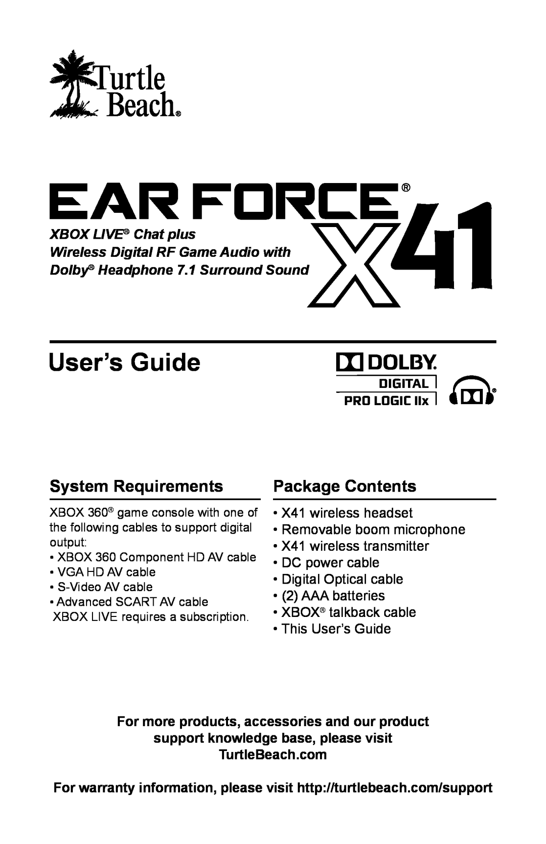 Turtle Beach TBS2170 warranty User’s Guide, System Requirements, Package Contents, XBOX LIVE Chat plus 