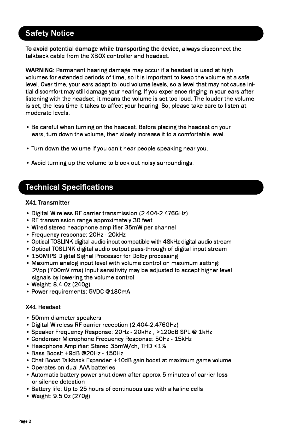 Turtle Beach TBS2170 warranty Safety Notice, Technical Specifications 