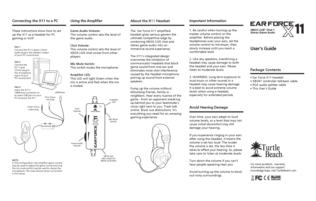 Turtle Beach X11 manual Package Contents, Avoid Hearing Damage 