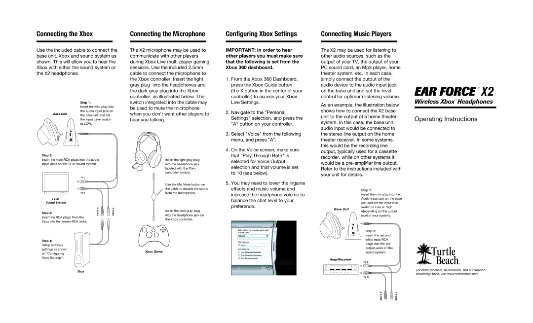 Turtle Beach X2 manual Connecting the Xbox, Connecting the Microphone, Configuring Xbox Settings, Connecting Music Players 