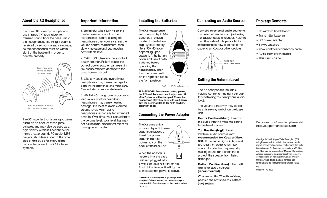 Turtle Beach About the X2 Headphones, Important Information, Installing the Batteries, Connecting the Power Adapter 