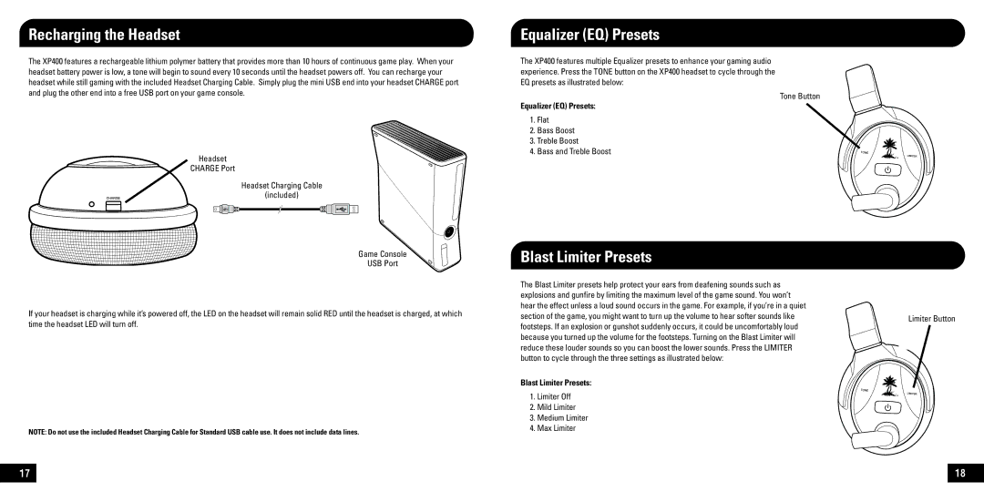 Turtle Beach XP400 manual Recharging the Headset, Equalizer EQ Presets, Blast Limiter Presets 