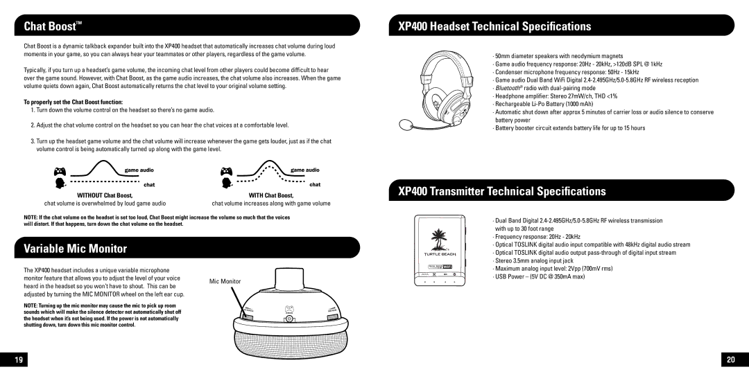 Turtle Beach manual Chat Boost, Variable Mic Monitor, XP400 Headset Technical Specifications 