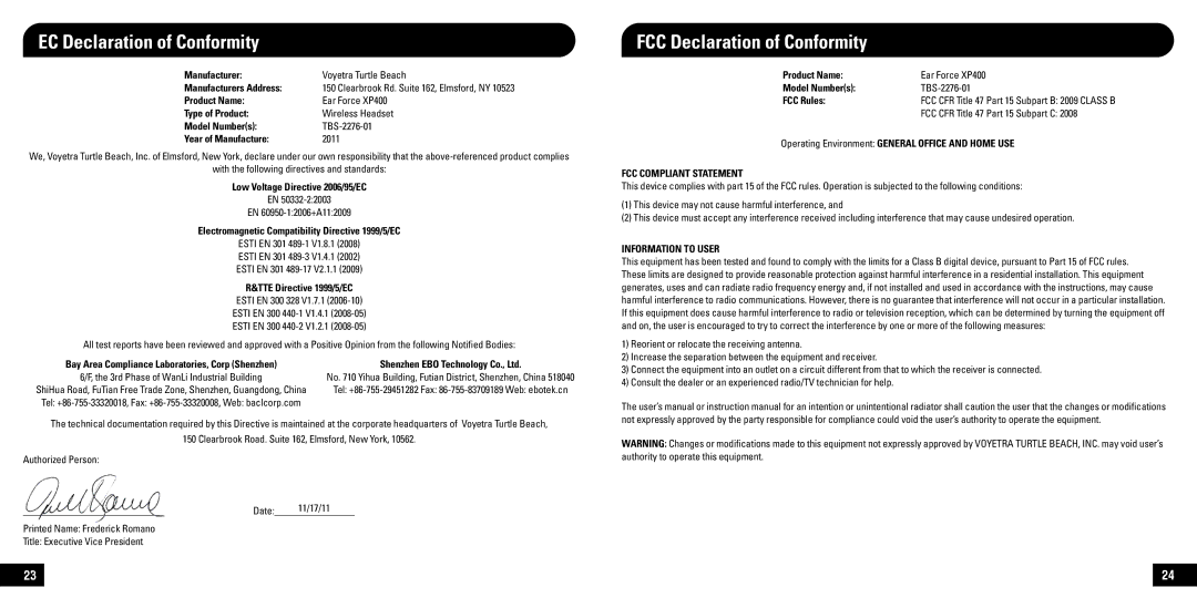 Turtle Beach XP400 manual EC Declaration of Conformity, FCC Declaration of Conformity, FCC Compliant Statement 