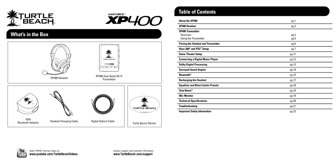 Turtle Beach XP400 manual What’s in the Box, Table of Contents 