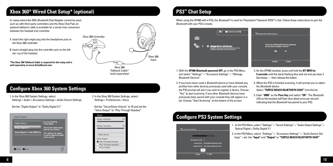 Turtle Beach XP400 manual Xbox 360 Wired Chat Setup* optional, PS3 Chat Setup, Configure PS3 System Settings 