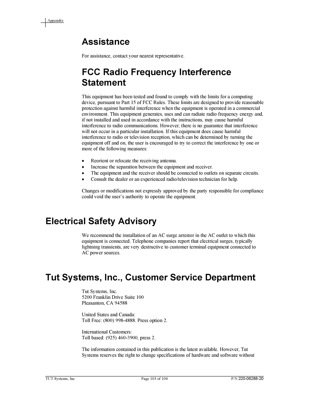 Tut Systems SMS2000 manual Assistance, FCC Radio Frequency Interference Statement, Electrical Safety Advisory 