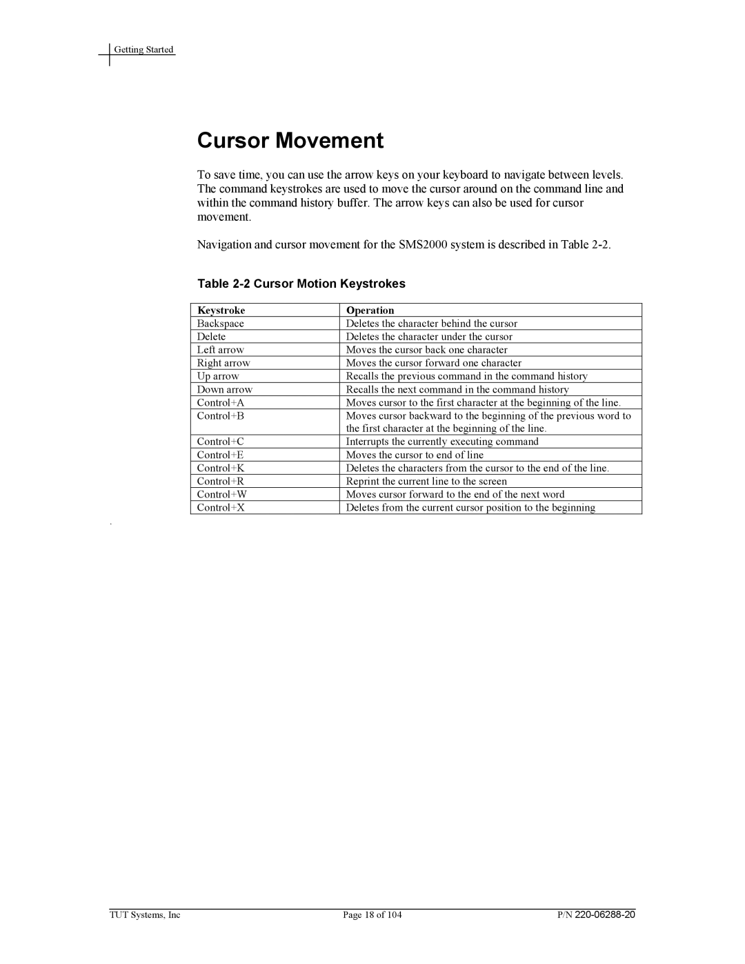 Tut Systems SMS2000 manual Cursor Movement, Cursor Motion Keystrokes 