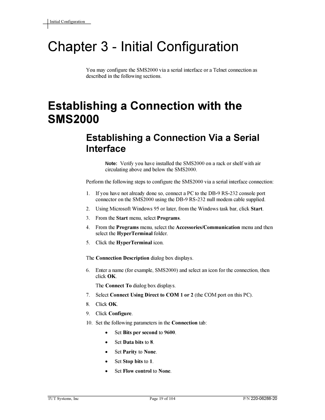 Tut Systems manual Initial Configuration, Establishing a Connection with the SMS2000, Click Configure 