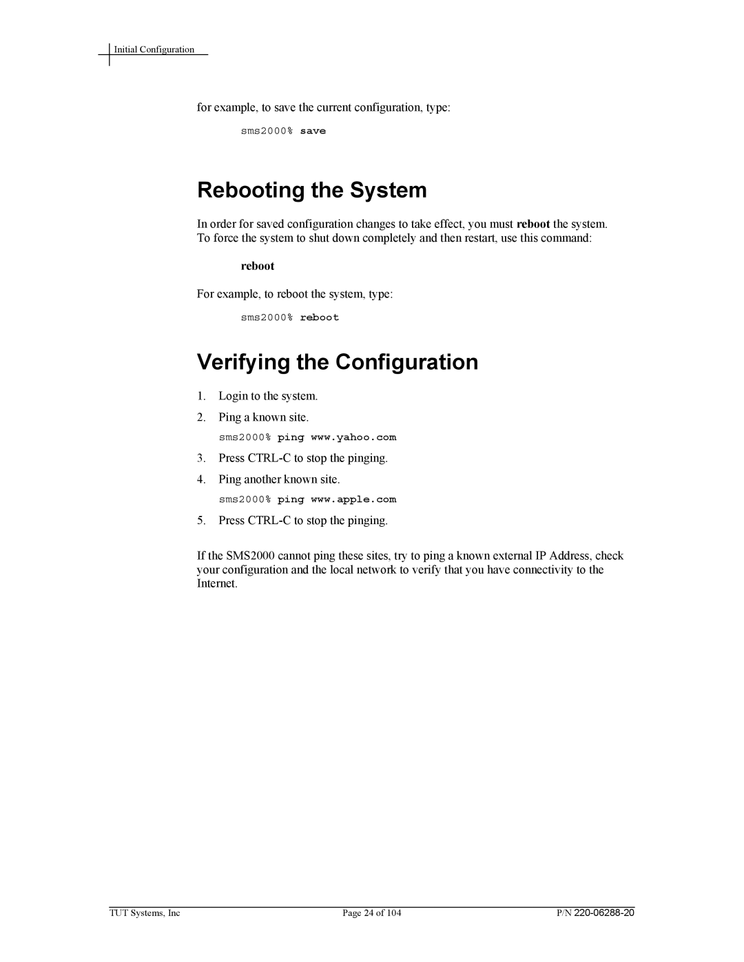 Tut Systems SMS2000 manual Rebooting the System, Verifying the Configuration 