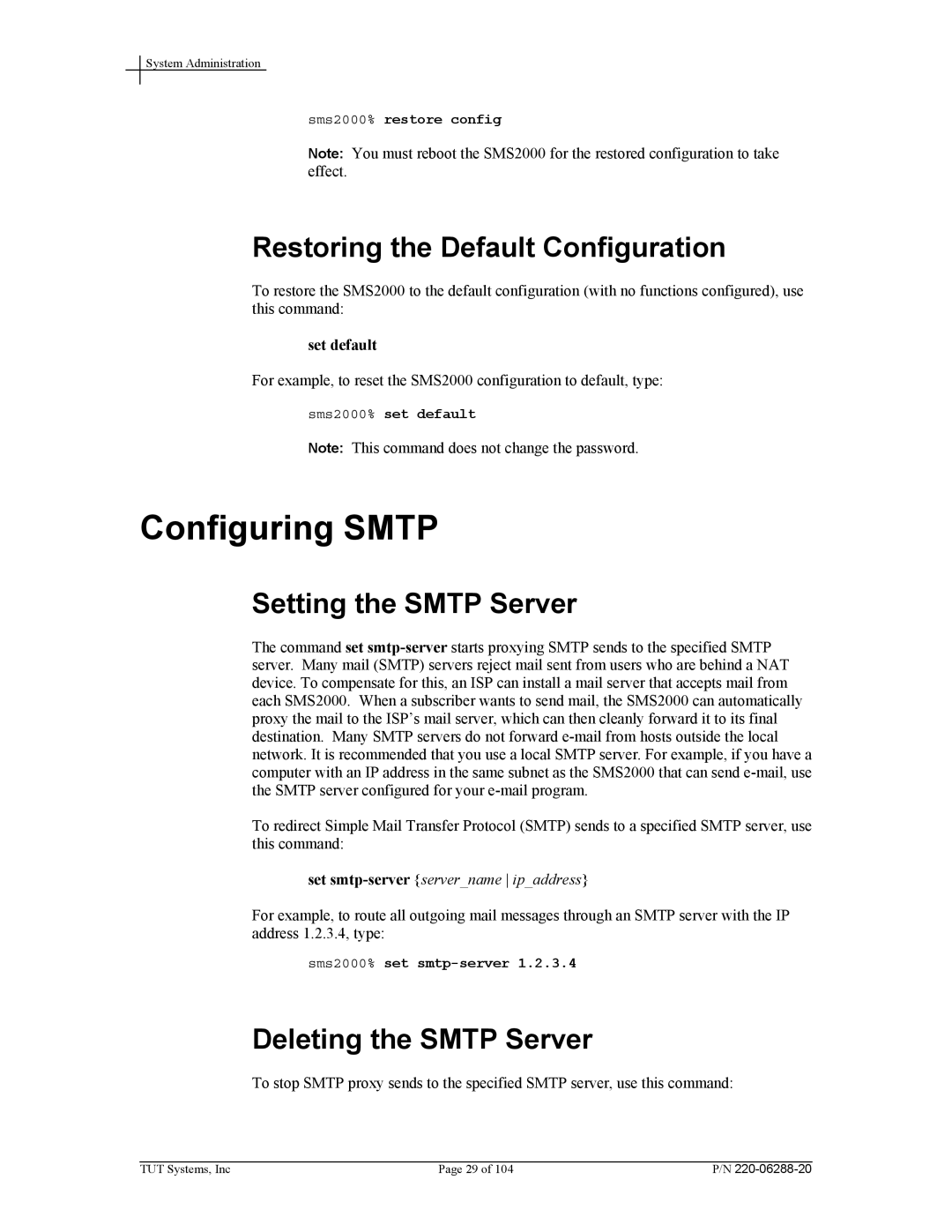 Tut Systems SMS2000 manual Configuring Smtp, Restoring the Default Configuration, Setting the Smtp Server 