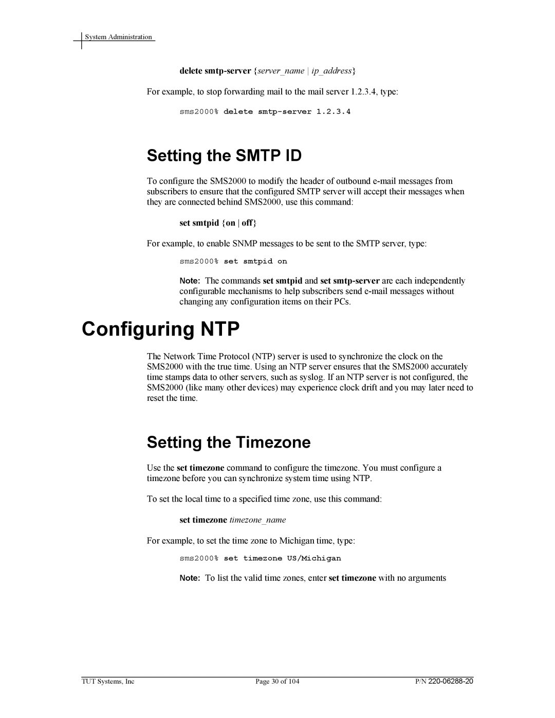 Tut Systems SMS2000 manual Configuring NTP, Setting the Smtp ID, Setting the Timezone, Set smtpid on off 