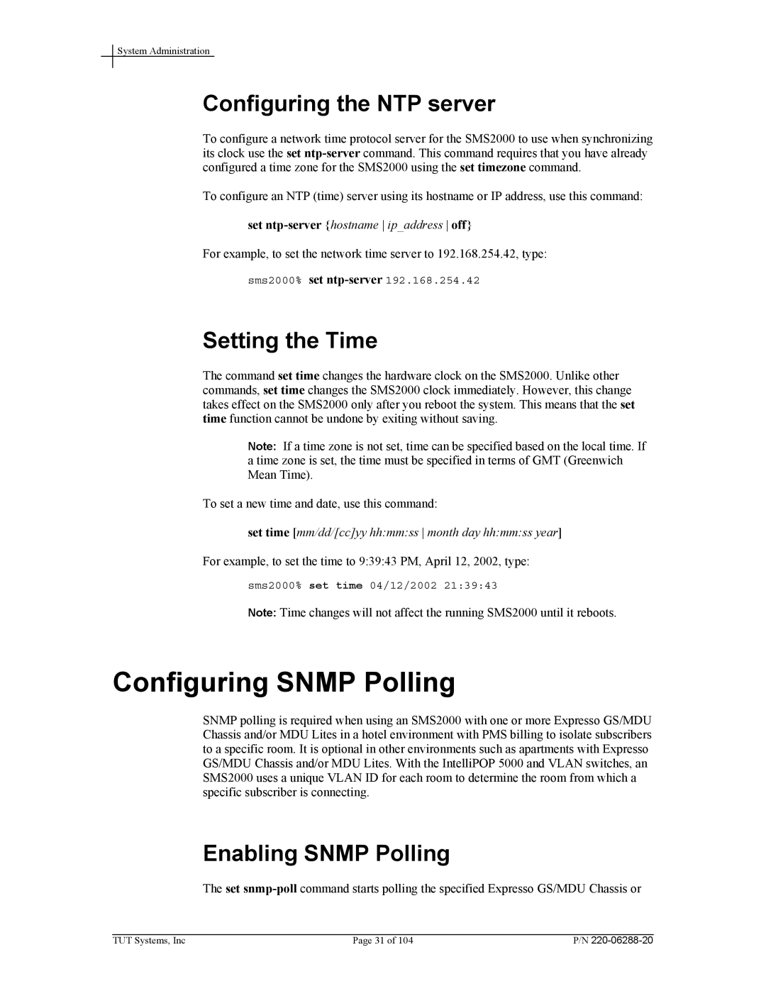 Tut Systems SMS2000 manual Configuring Snmp Polling, Configuring the NTP server, Setting the Time, Enabling Snmp Polling 