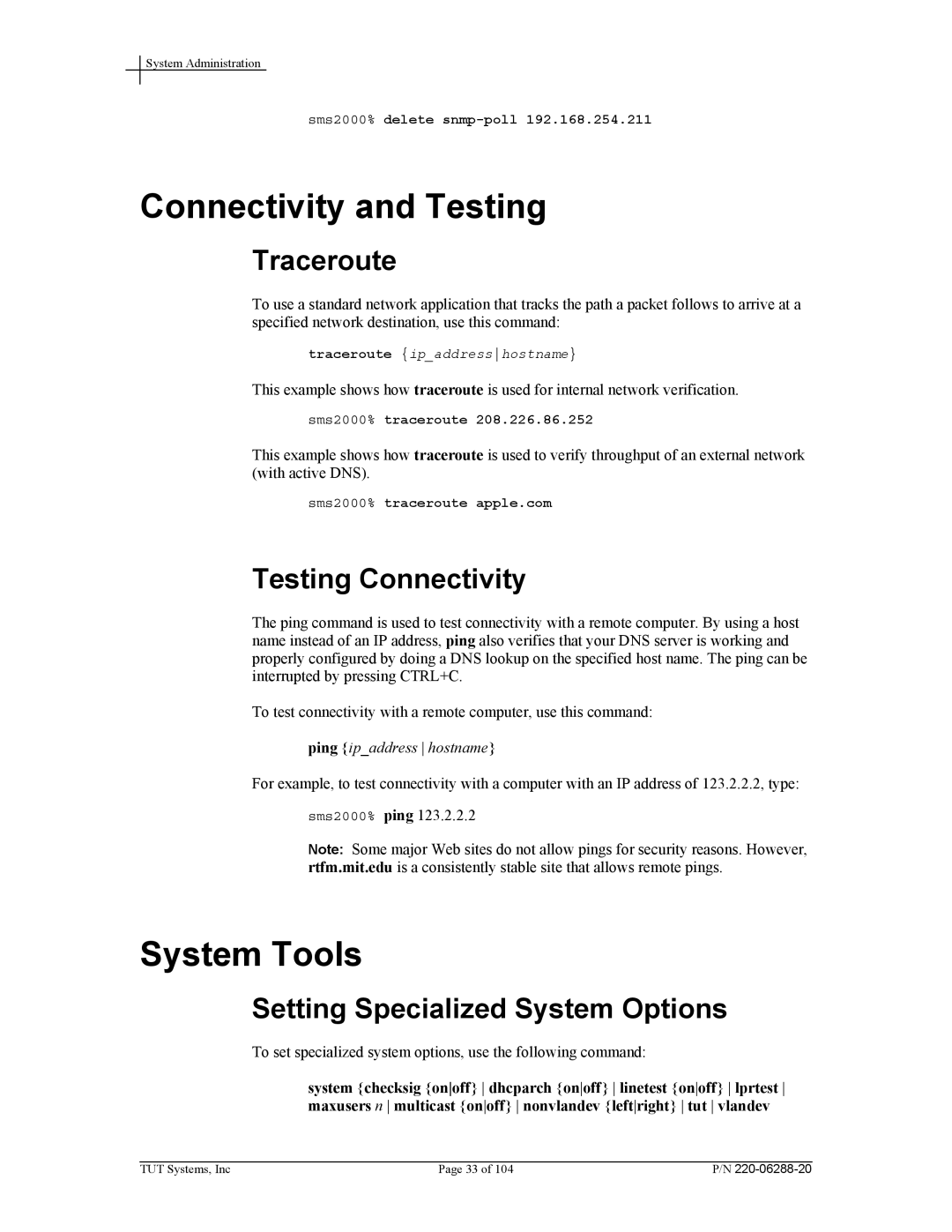 Tut Systems SMS2000 manual Connectivity and Testing, System Tools, Traceroute, Testing Connectivity 