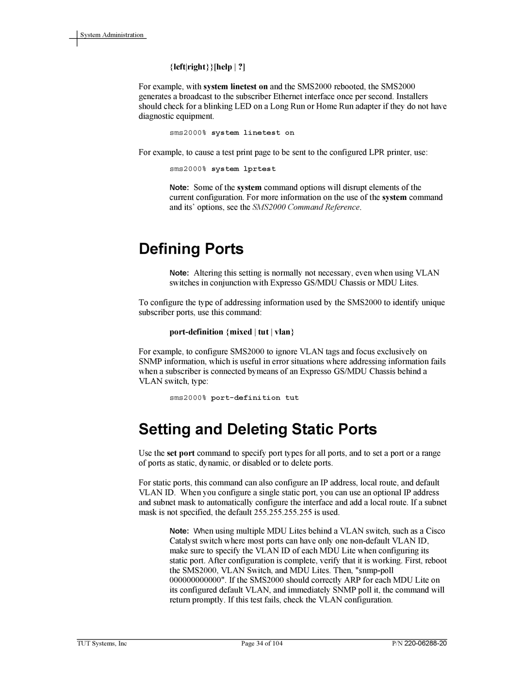 Tut Systems SMS2000 Defining Ports, Setting and Deleting Static Ports, Leftrighthelp ?, Port-definition mixed tut vlan 