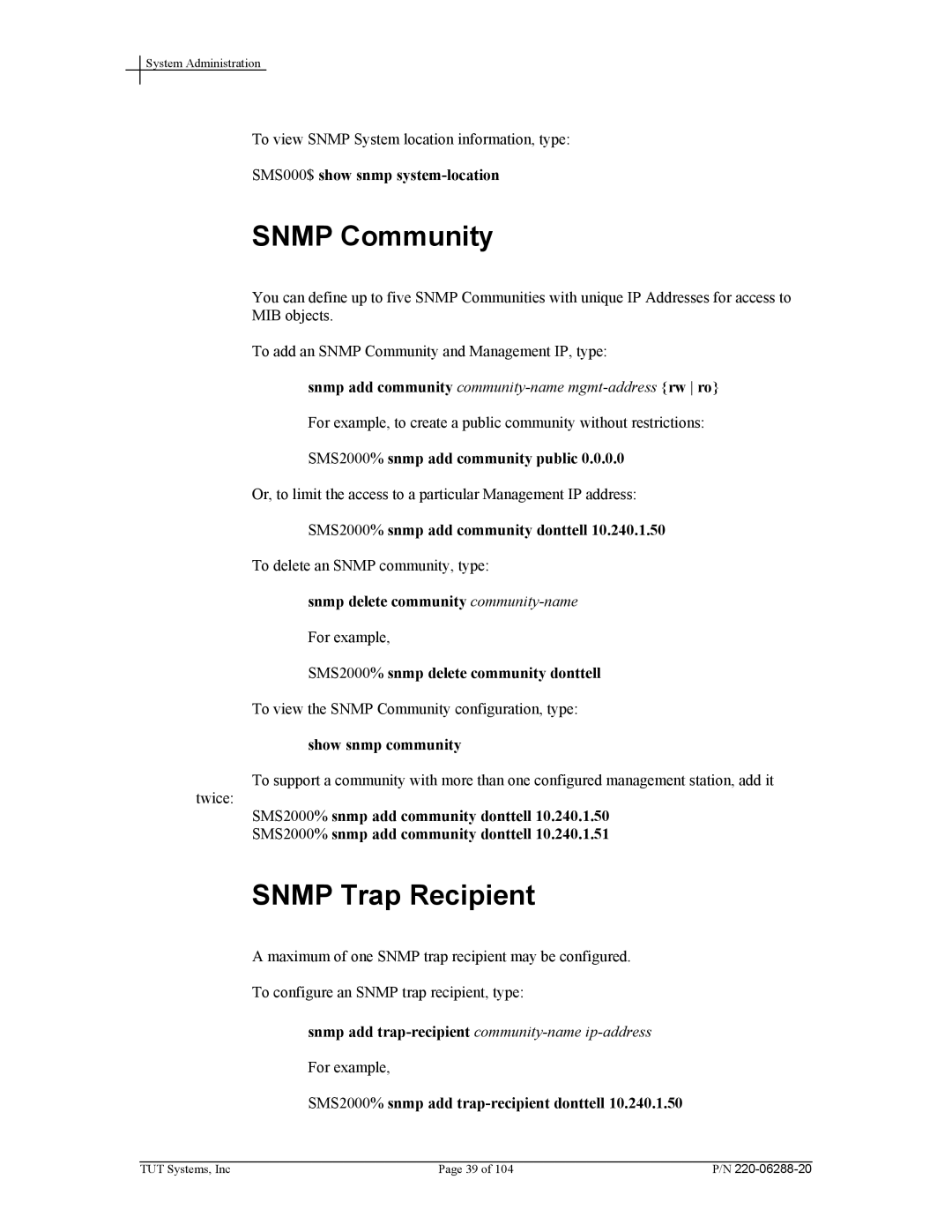 Tut Systems SMS2000 manual Snmp Community, Snmp Trap Recipient 