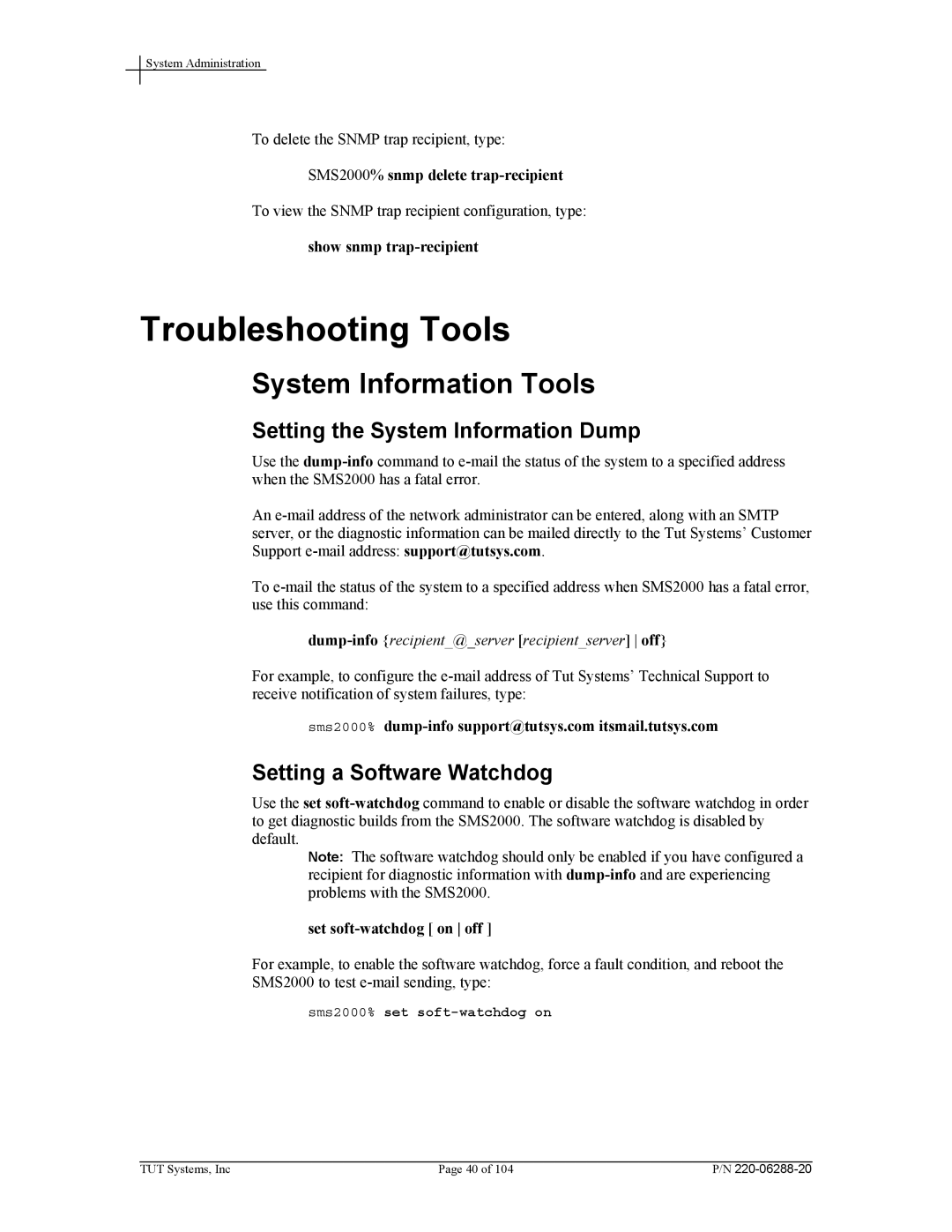 Tut Systems manual Troubleshooting Tools, System Information Tools, SMS2000% snmp delete trap-recipient 