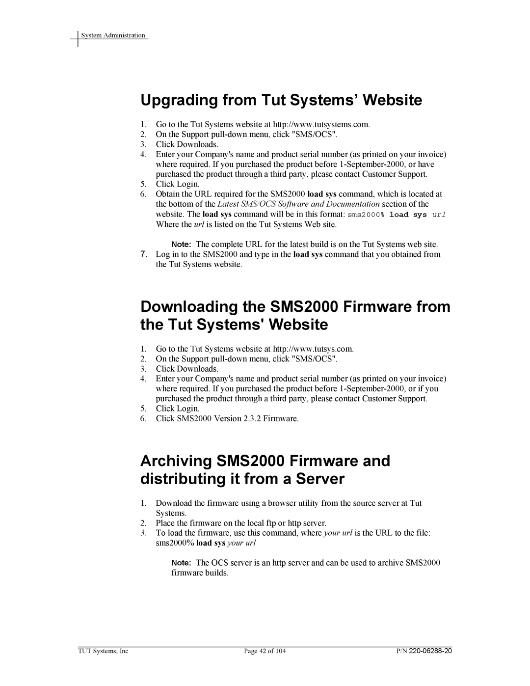 Tut Systems manual Upgrading from Tut Systems’ Website, Archiving SMS2000 Firmware and distributing it from a Server 