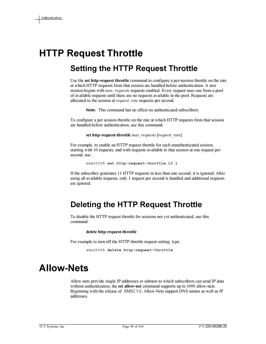 Tut Systems SMS2000 manual Allow-Nets, Setting the Http Request Throttle, Deleting the Http Request Throttle 