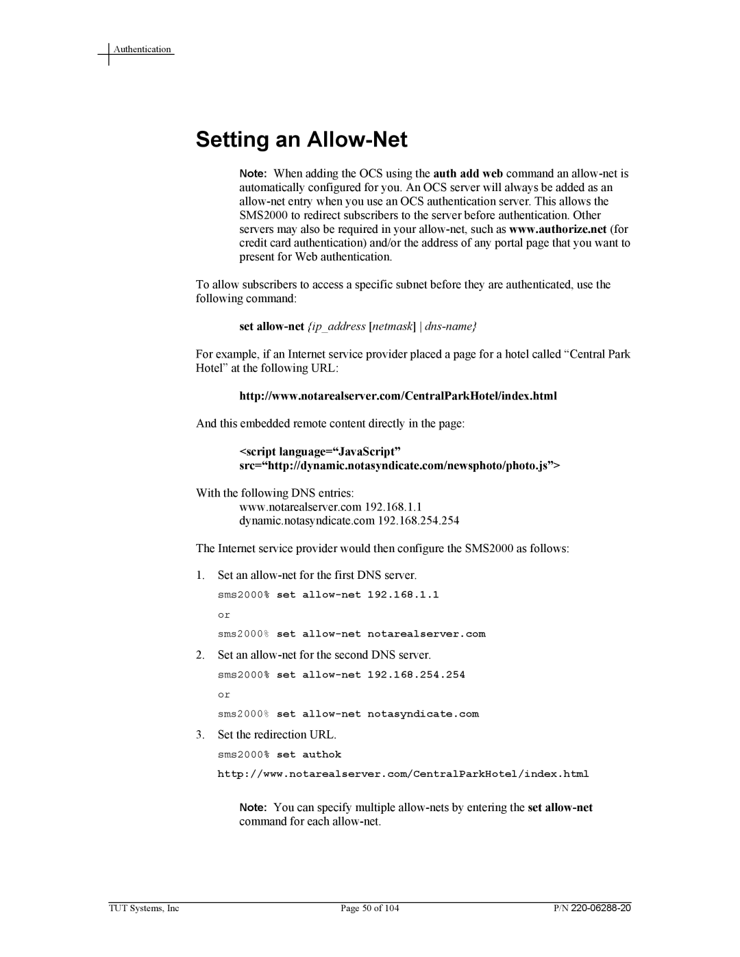 Tut Systems SMS2000 manual Setting an Allow-Net, Set allow-netipaddress netmask dns-name 