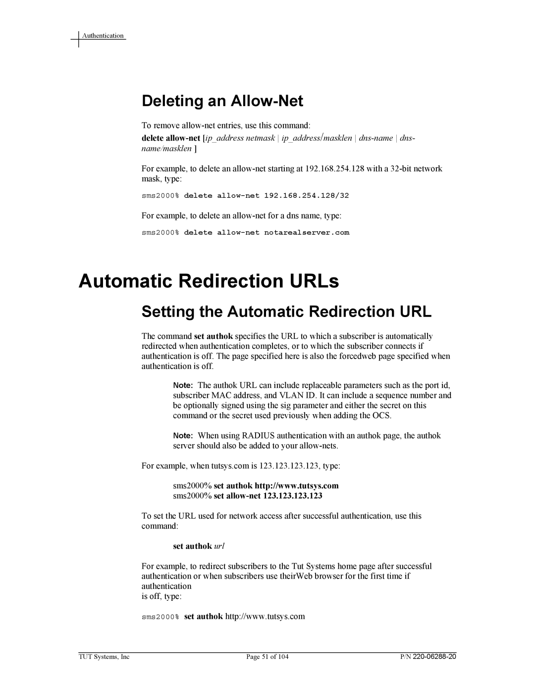 Tut Systems SMS2000 manual Automatic Redirection URLs, Deleting an Allow-Net, Setting the Automatic Redirection URL 